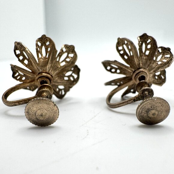 Gold-Tone Earrings Vintage Earrings Rhinestone Flower Screw-Back Mid-Century - Picture 7 of 7